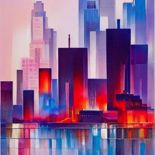 Image similar to a painting of a cityscape with buildings in the background, an abstract painting by stanton macdonald - wright, cgsociety, lyrical abstraction, cityscape, dystopian art, impressionism!!!!!!!