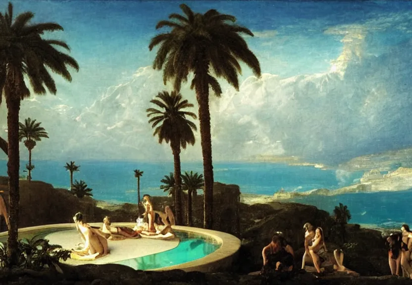 Image similar to The highest coliseum ever made, 1km tall, thunderstorm, greek pool, beach and palm trees on the background major arcana sky, by paul delaroche, hyperrealistic 4k uhd, award-winning very detailed