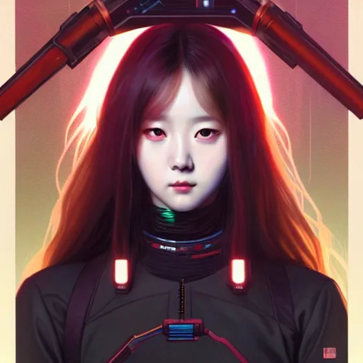 Image similar to portrait painting of cyberpunk chuu loona kpop smiling cheerfully with a black katana, ultra realistic, concept art, intricate details, eerie, highly detailed, photorealistic, octane render, 8 k, unreal engine. art by artgerm and greg rutkowski and magali villeneuve and alphonse mucha