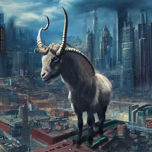 Prompt: a horned goat in a cityscape, intricate, futuristic, ultra realistic, hyper detailed, cinematic, bold,