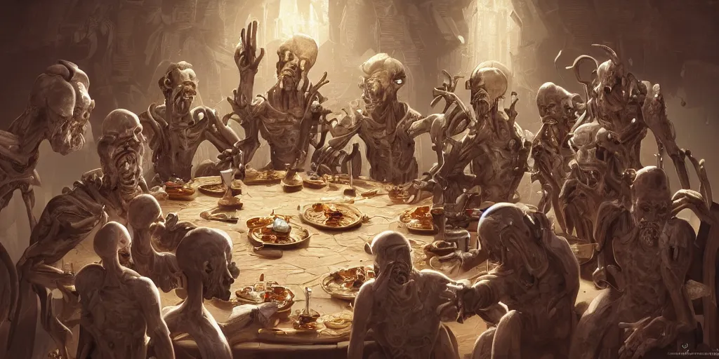 Prompt: hitech robo - apostles having last supper. intricate frobot faces. highly detailed, digital painting, artstation, concept art, smooth, sharp focus, illustration, art by pascal blanche