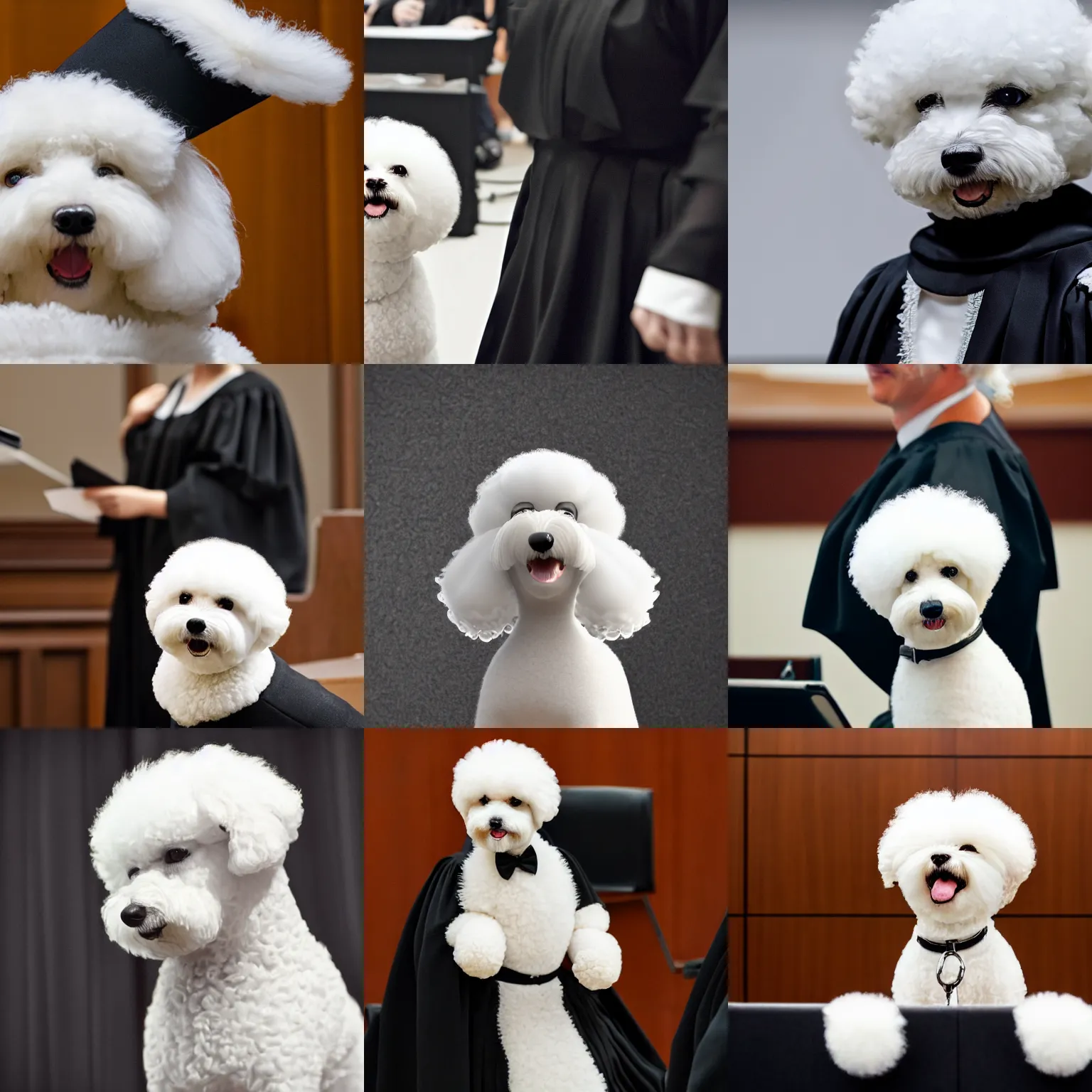 Image similar to a closeup photorealistic photograph of a cute smiling white bichon frise judge wearing a black gown and addressing a courthouse. this 4 k hd image is trending on artstation, featured on behance, well - rendered, extra crisp, features intricate detail, epic composition and the style of unreal engine.