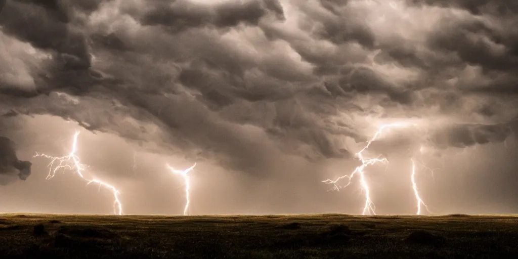 Image similar to a huge maelstrom, bellowing clouds, lightning, moody lighting, volumetric lighting, 8 k