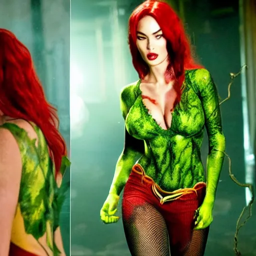 Image similar to stunning awe inspiring megan fox as poison ivy, movie still 8 k hdr atmospheric lighting