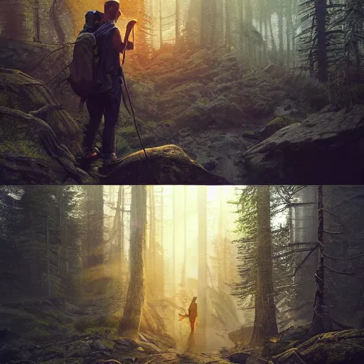 Prompt: explorer detailed man with backpack standing at a forest looking for adventure in the mountains, tall trees, landscape is lush, moody sunset in background, greg rutkowski, alphonse mucha, trending on artstation, artgerm, unreal engine, breathtaking, award winning, highly detailed w 1 0 2 4