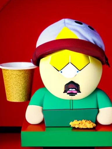 Prompt: highly detailed portrait of scarface as cartman from south park, holding a bucket of kfc, a line of gravy on the desk in front of him, global illumination, flat light, detailed and intricate environment