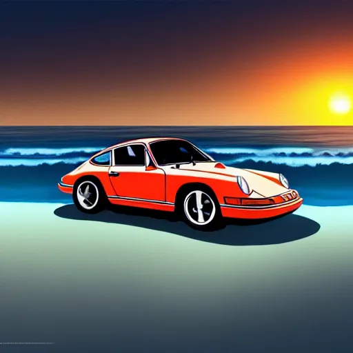 Image similar to beautiful, detailed digital painting of a porsche 9 1 1 on the beach and looking at the sunset, anime by makoto shinkai, sand, waves, trending on artstation