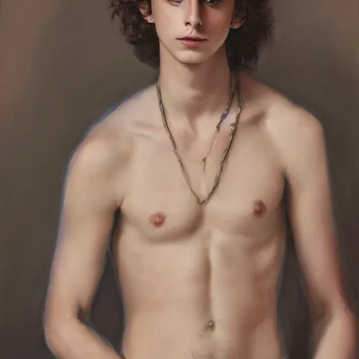 Prompt: a portrait of timothee chalamet as a shirtless knight, oil painting, pale colors, high detail, 8 k, wide angle, trending on artstation,