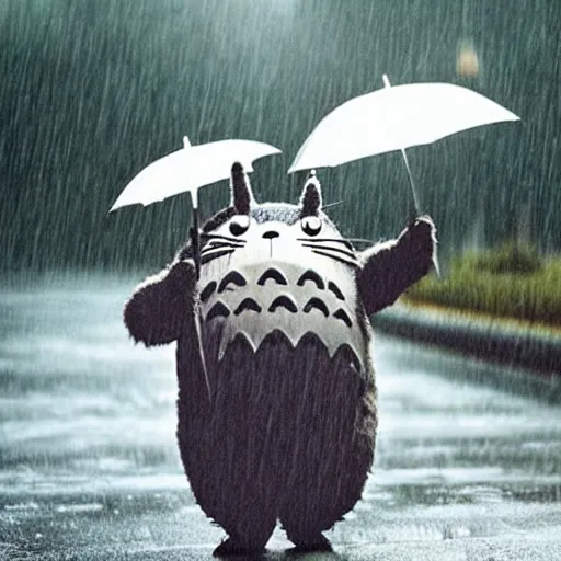 Image similar to Totoro is hailing a cab in the rain