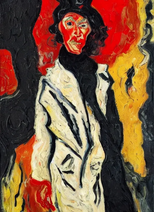 Image similar to an oil portrait of an extremely interesting looking woman in a black fury coat and red dress, a sophisticated composition, in expressive style of Chaim Soutine and Frank Auerbach and Van Gogh, complimentary palette