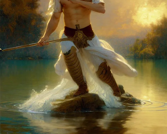 Image similar to attractive male wizard casting powerful wave water spell in a beautiful lake. highly detailed painting by gaston bussiere, craig mullins, j. c. leyendecker 8 k