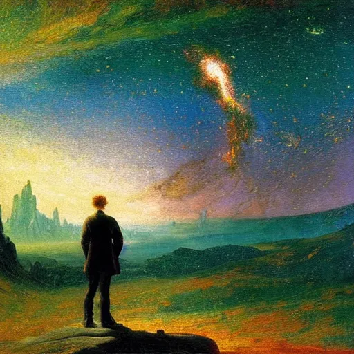 Prompt: an impasto oil painting of a futuristic wanderer gazing into a universe full of mystical colorful light nebulae and galaxie spainted by caspar david friedrich, pastel color scheme