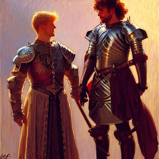 Prompt: attractive arthur pendragon and his attractive male knight, they are in love, natural lighting, path traced, highly detailed, high quality, digital painting, by gaston bussiere, craig mullins, alphonse mucha j. c. leyendecker