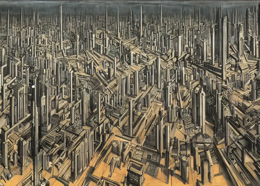 Image similar to dystopian metropolis, panoramic view, very complex architecture, ominous, dark, by de chirico, by hugo simberg, by roberto matta