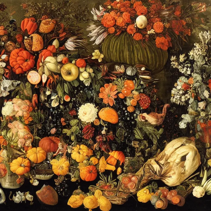 Prompt: victorian thanksgiving feast, flowers and fruits in a garden at night, black background, vanitas, a still life by giuseppe arcimboldo, a flemish baroque by jan van kessel the younger, intricate high detail masterpiece