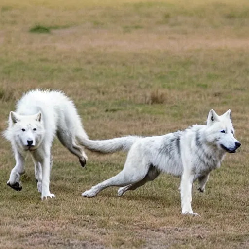 Image similar to a white wolf challenges the pack leader.