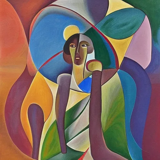 Prompt: woman calls up the ancestors to lead a path to reconciliation, abstract art in the style of cubism and georgia o keefe,