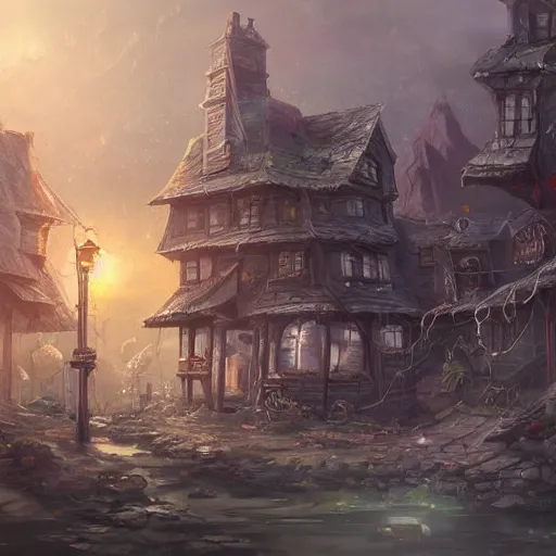 Image similar to a tiny miniscule town living on the thread of a spiders web, fantasy concept art, trending on art station, stunning visuals, creative, cinematic, ultra detailed