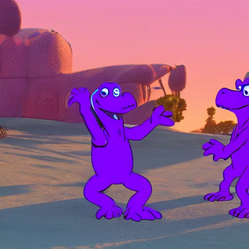 Image similar to Barney the purple dinosaur fighting orphans 8k