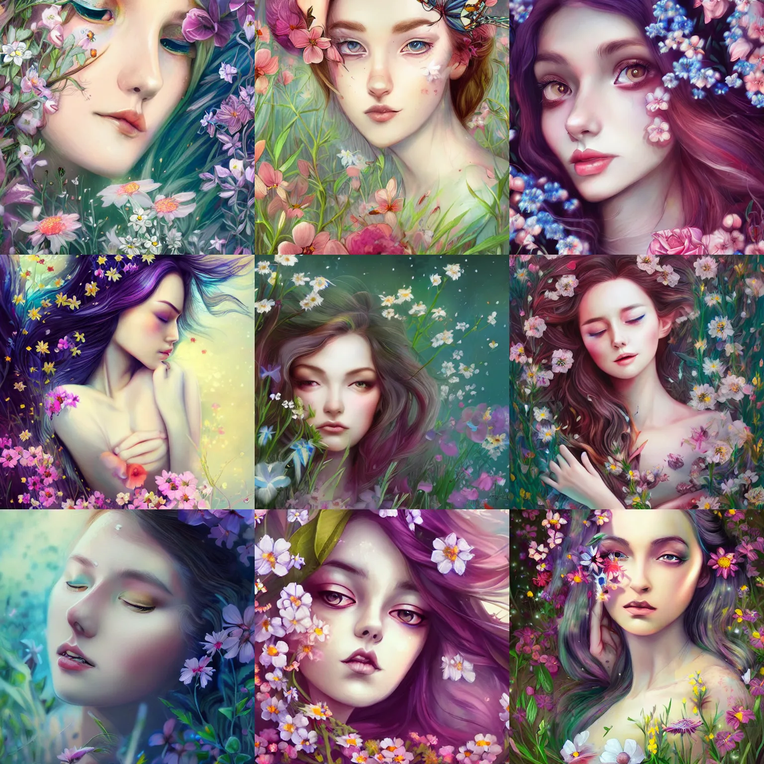 Prompt: A digital painting of a pretty woman lying in wild flowers, art by Anna Dittmann and Harumi, Hironaka, beautiful eyes, intricate, ethereal, dreamy, highly detailed, digital painting, Artstation, concept art, smooth, sharp focus, illustration