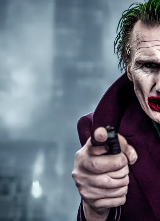 Image similar to Liam Neeson in the role of the Joker, realistic, studio photography, 4k, detailed face, cinematic lighting