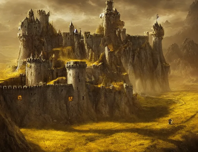 Prompt: Fantasy solitary Castle on a plain, near a river, yellow roofs. Joyful matte painting by Darek Zabrocki and Emmanuel Shiu, 4k ultra detailed, great composition cinematic.
