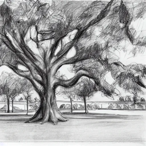 Image similar to a group of people in a park staring up at a gigantic tree, pencil sketch, black and white