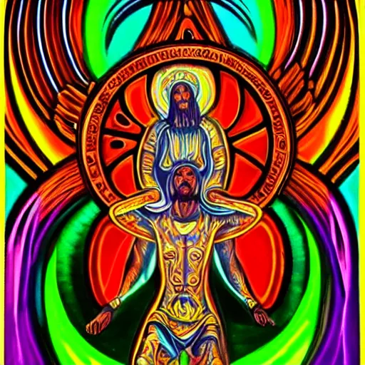 Prompt: psychedelic hypnotic religious iconography that helps people have the courage to struggle