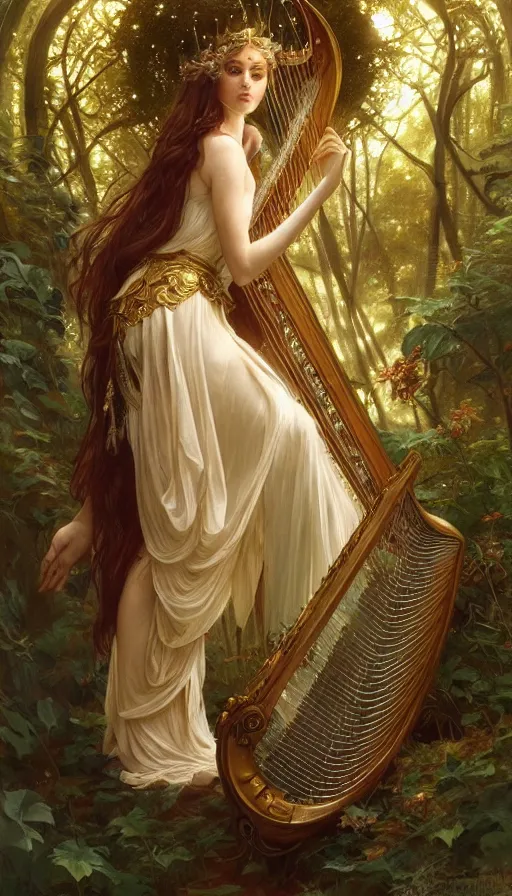 Image similar to portrait of queen of the elves playing a harp, ethereal, expressive pose, intricate dress, fantasy, intricate, forest background, highly detailed, digital painting, artstation, concept art, smooth, sharp focus, illustration, art by artgerm and greg rutkowski and alphonse mucha