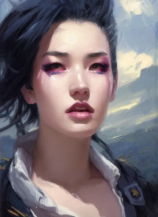Image similar to portrait of VI from League of Legends after work, countryside, calm, fantasy character portrait, dynamic pose, above view, view from above, sunny day, thunder clouds in the sky, artwork by Jeremy Lipkin and Giuseppe Dangelico Pino and Michael Garmash and Rob Rey, very coherent symmetrical artwork, sharp edges, perfect face, simple form, 100mm