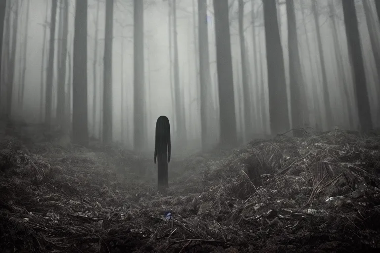 Eerie Thin Pale White Humanoid Figure in Dark Forest · Creative Fabrica