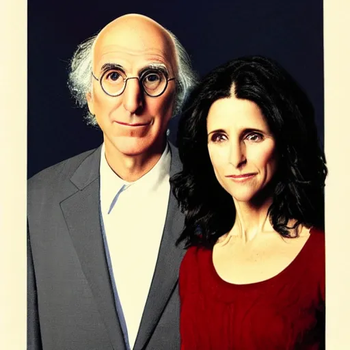 Image similar to Larry David and Julia Louis-Dreyfus in the style of American Gothic