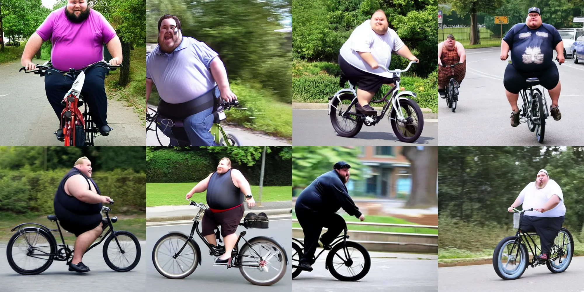 Prompt: an extremely fat man riding a very small bicycle