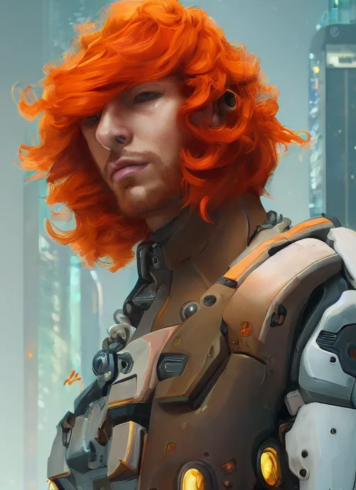 Image similar to cyberpunk portrait of curly orange hair man from overwatch 2, au naturel, hyper detailed, digital art, trending in artstation, cinematic lighting, studio quality, smooth render, unreal engine 5 rendered, octane rendered, art style by klimt and nixeu and ian sprigger and wlop and krenz cushart.