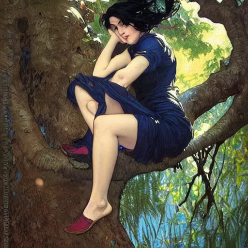 Image similar to study of a woman resting on a large tree, short black hair, decorative dark blue clothing, sharp focus, ultra realistic illustration, colorful, cinematic lighting, high fantasy, intricate, highly detailed, smooth, elegant, artgerm, greg rutkowski, alphonse mucha magali villeneuve