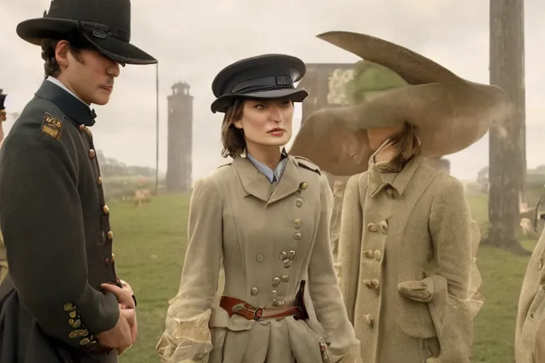 Image similar to wide-shot of kiera knightley as a constable in a movie directed by Wes Anderson, symmetrical shot, idiosyncratic, relentlessly detailed, pastel colour palette, detailed perfect face, movie still frame, promotional image, imax 70mm footage