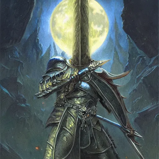 Image similar to the moonlight Greatsword from dark souls as a fantasy item, display item, art by Donato Giancola and James Gurney, digital art, trending on artstation