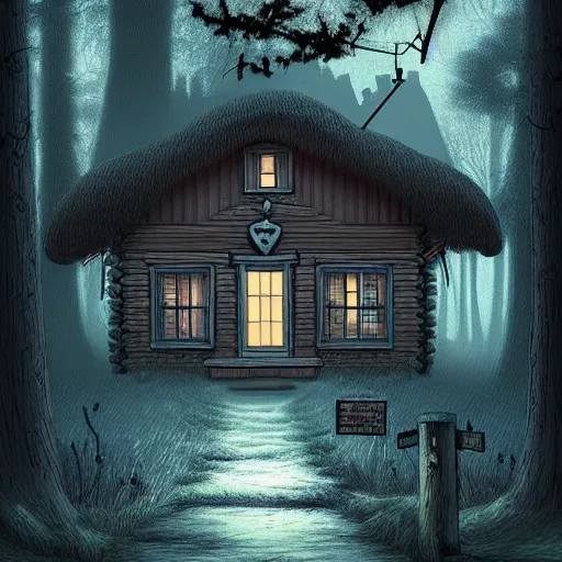 Image similar to a cottage in the woods with a notepad for front door, trending on artstation, detailed digital art, eerie thriller aesthetic!!!!,