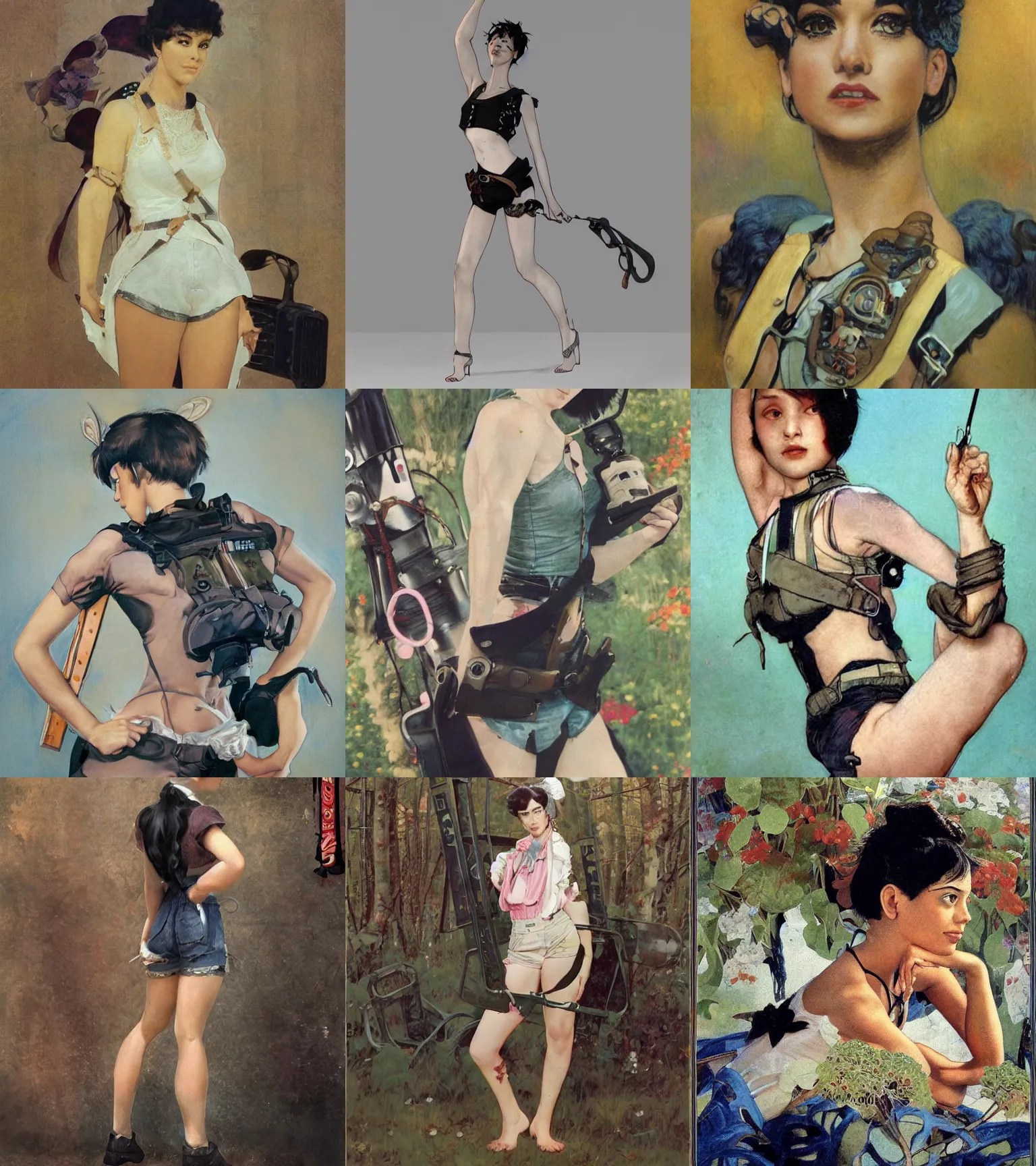 Image similar to a girl with black hair pixie cut in shorts with suspenders drawn by shinkiro, norman rockwell, frank frazetta, peter paul rubens, alphonse mucha, gustav klimt 4k, unreal 5, DAZ, trending on artstation, octane render, hyperrealistic