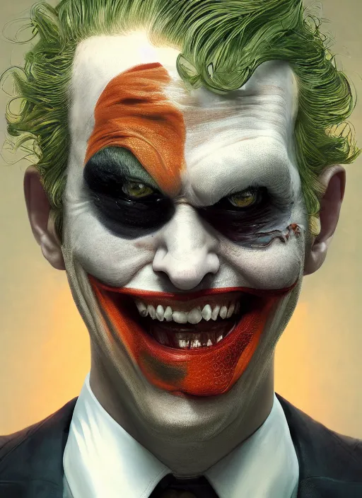 Image similar to portrait of a curly orange hair man looking like joker from batman, au naturel, hyper detailed, digital art, trending in artstation, cinematic lighting, studio quality, smooth render, unreal engine 5 rendered, octane rendered, art style by klimt and nixeu and ian sprigger and wlop and krenz cushart and marvel and dc