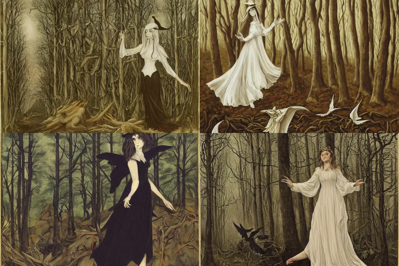 Prompt: a witch in a white dress, with black hooves wings and hands, stands in a gloomy forest and looks at me, centered, high detailed, trending on wikiart