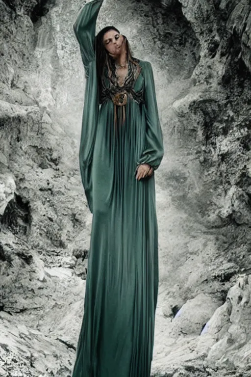 Prompt: mystically beautiful woman wearing a long jade dress, long sleeves, hyperdetailed, magical, vivid coors