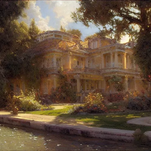 Image similar to detailed cinematic wide shot of mansion, ultra realistic, spring light, painting by gaston bussiere, craig mullins, j. c. leyendecker