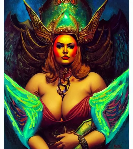 Image similar to portrait of plus size iranian female chaos angel, beautiful! coherent! by frank frazetta, by brom, strong line, vivid neon color, shining metal power armor, iron helm, high contrast, maximalist