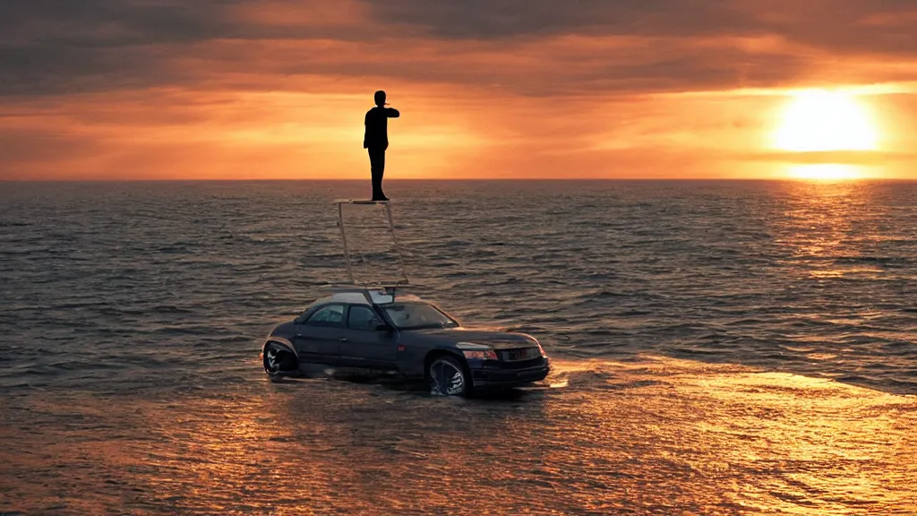 Prompt: a movie still of a man standing on the roof of a car driving through the ocean at sunset, golden hour