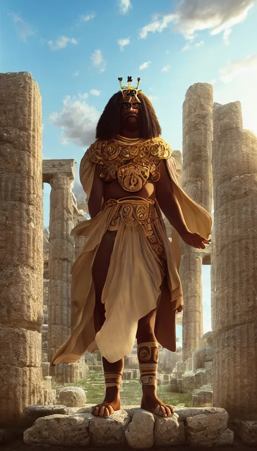 Image similar to fullbody photo of humanoid cute fluffy caracal dressed in toga as alexander macedon, sun behind him, ancient greek city, sunny day, by ilya kuvshinov, rtx rendering, octane render 1 2 8 k, maya, extreme high intricate details by tom bagshaw, medium shot, composition by sana takeda, lighting by greg rutkowski