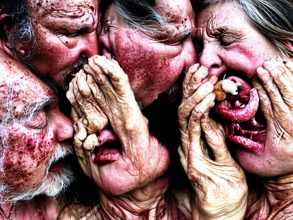 Prompt: a perfect photograph of a 1 0 0 0 0 year old man and a 1 0 0 0 0 0 year old woman vomiting into each others mouth, spittle and drool flying everywhere. their faces contorted by the overpowering stench they have created.