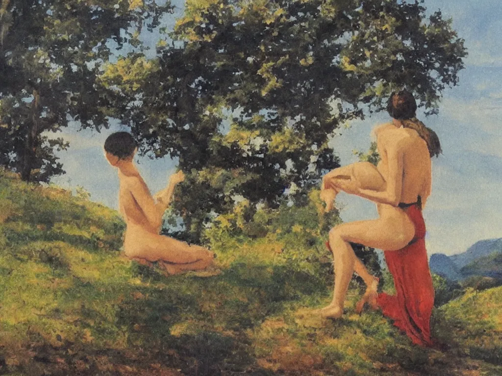 Image similar to figure with scenery. painting by rudolf hausner