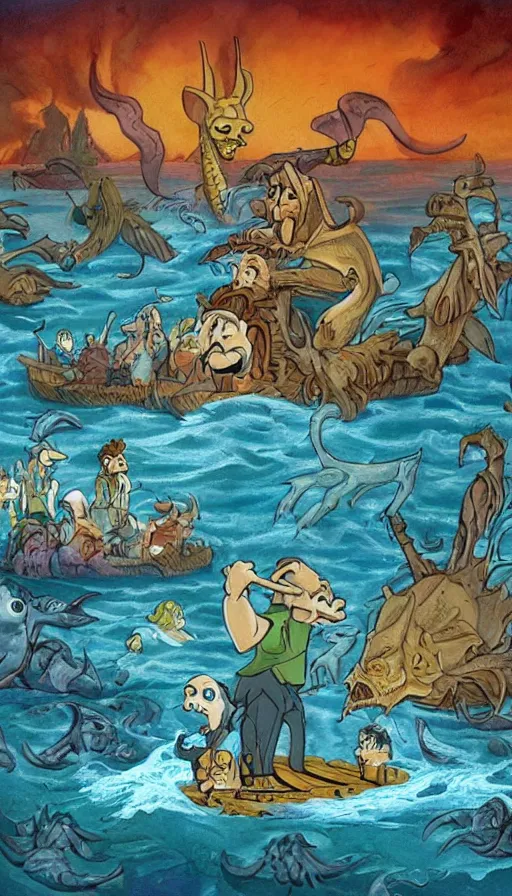 Prompt: man on boat crossing a body of water in hell with creatures in the water, sea of souls, by don bluth