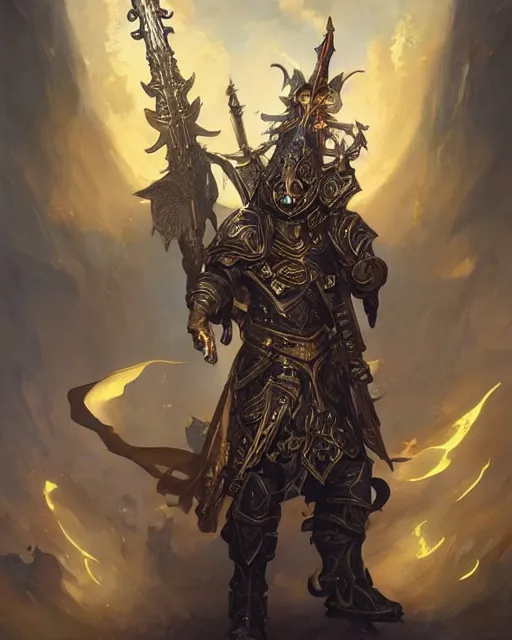 Image similar to Highly detailed Champion paladin in black gold intricate and ornate armor, unreal engine, fantasy art by peter mohrbacher, Greg Rutkowski, tristan eaton, Rhads, radiant halo of light